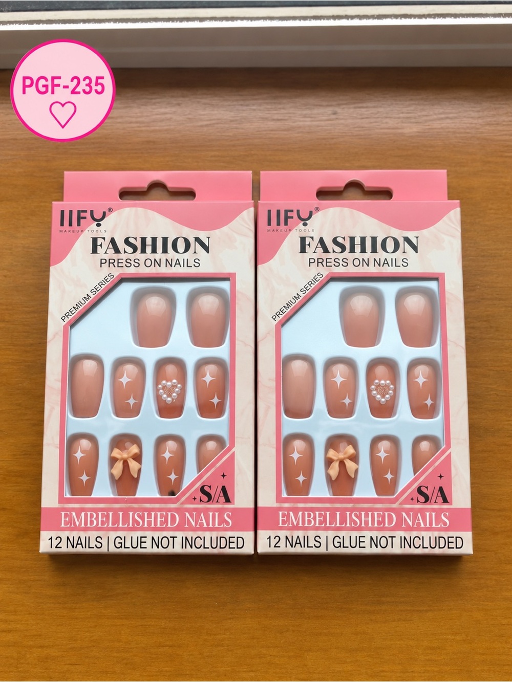 2 Sets - 12 Nails/Set Mira Beauty Press-On Nails Peachy Nude Brown Bow Pearls